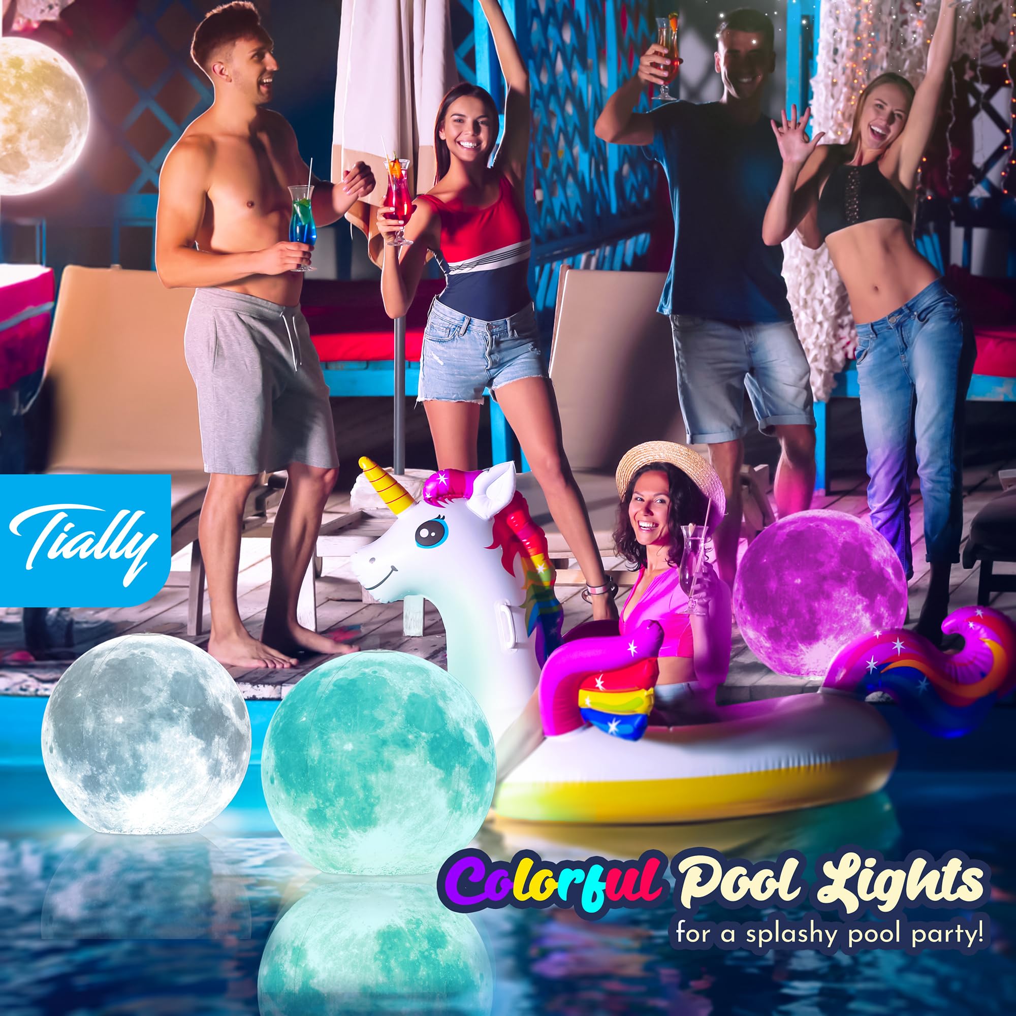 TIALLY Full Moon Solar Floating Pool Lights – Multicolor LED Orbs for Pools & Party Decor