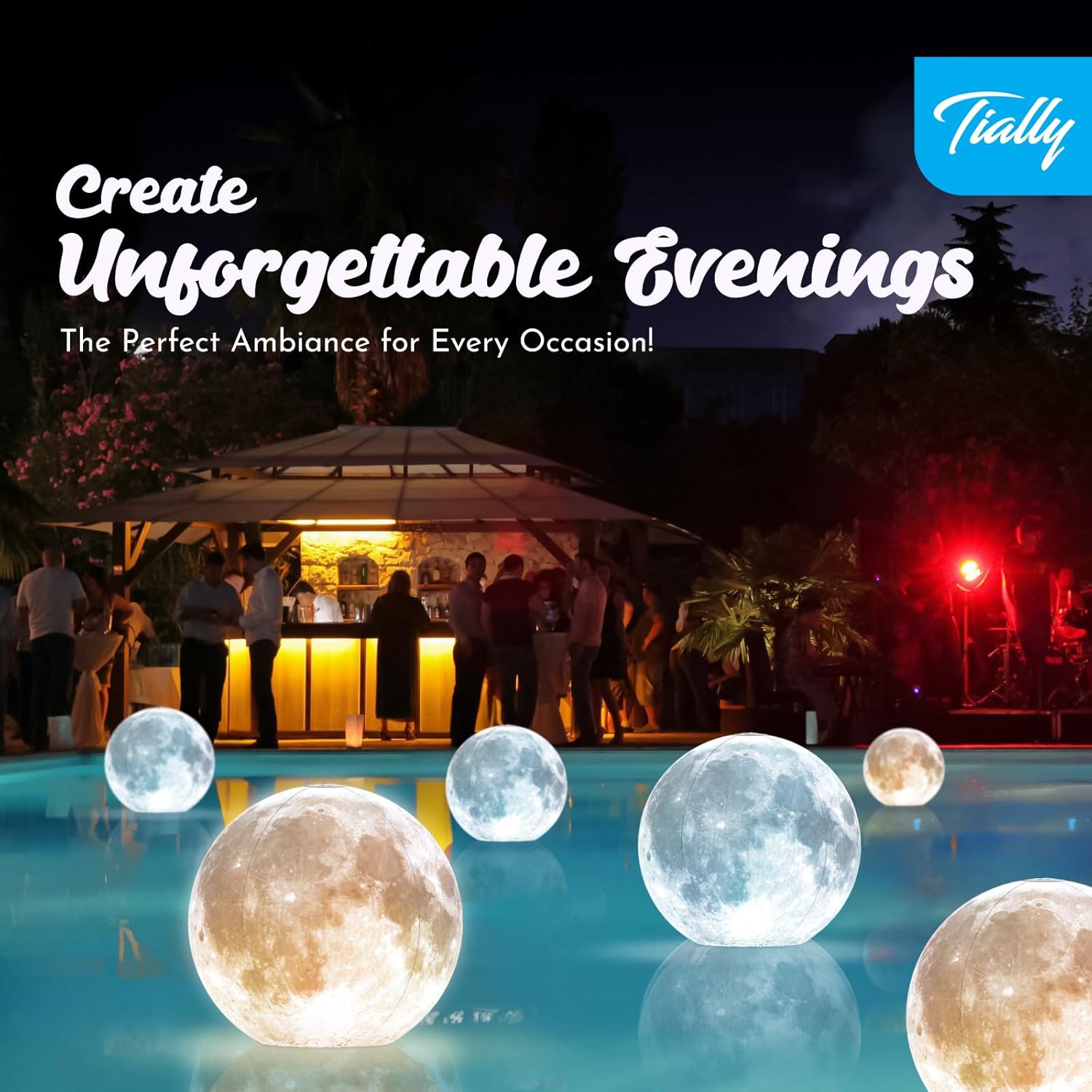 TIALLY Full Moon Floating Pool Lights Solar Powered - 14" Inflatable Pool Balls for Swimming Pool, Solar Pool Lights That Float, Outdoor Pool Party Decorations - Pool Gifts for Pool Owners (2 Pack)