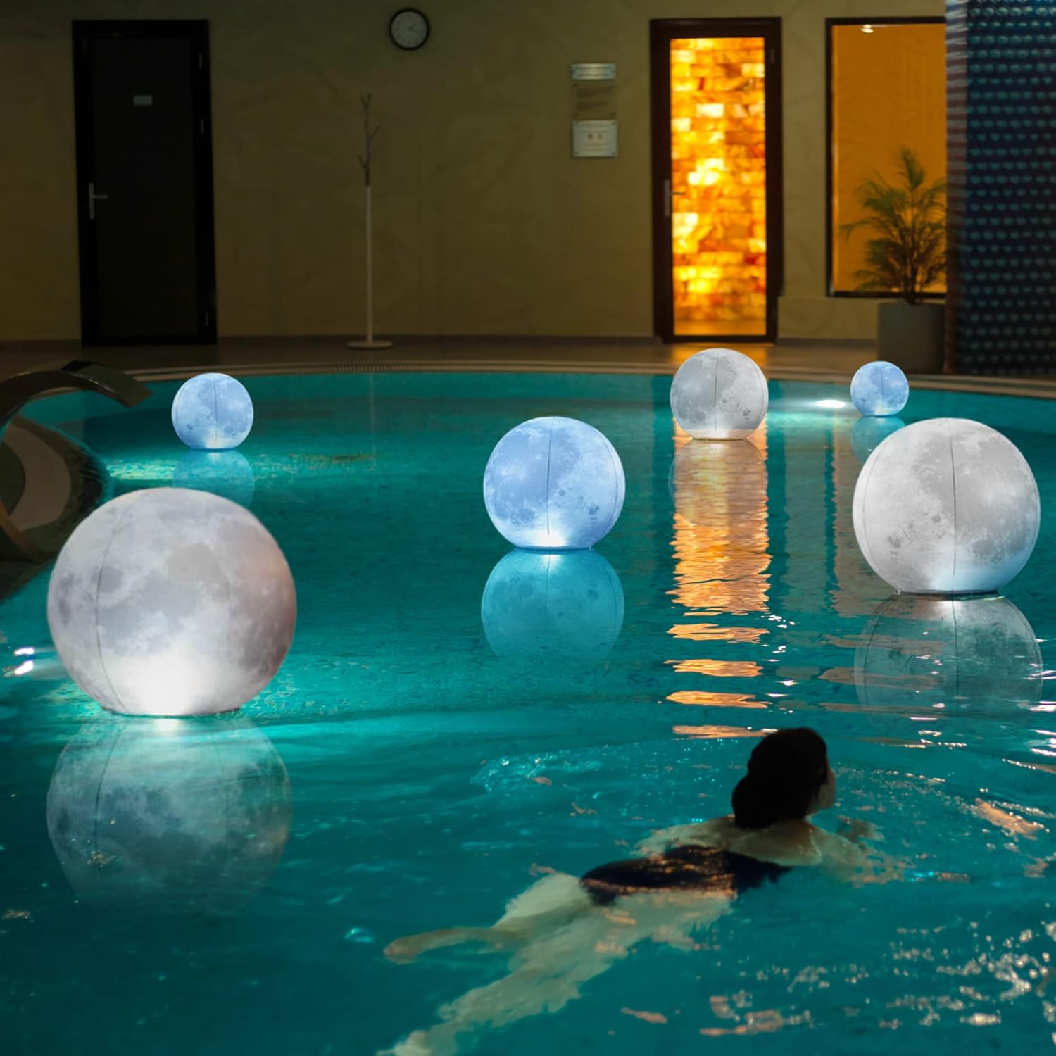 6 Pack Full Moon Floating Pool Lights Solar Powered - 14 inch Pool Lights That Float, Inflatable Waterproof Led Light Balls, Swimming Pool Accessories For Inground Pools, Party Decor for Outdoor