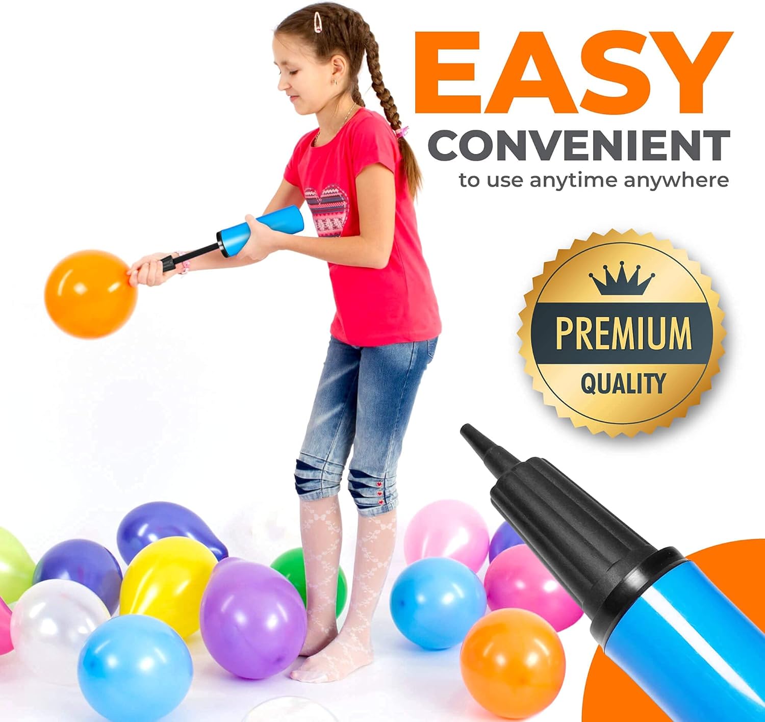 Hand Air Pump for Balloons - 9" Portable Manual Balloon Pump, Mini Hand Pump for Inflatables, Pool Floats, Party Garlands, Exercise and Yoga Balls