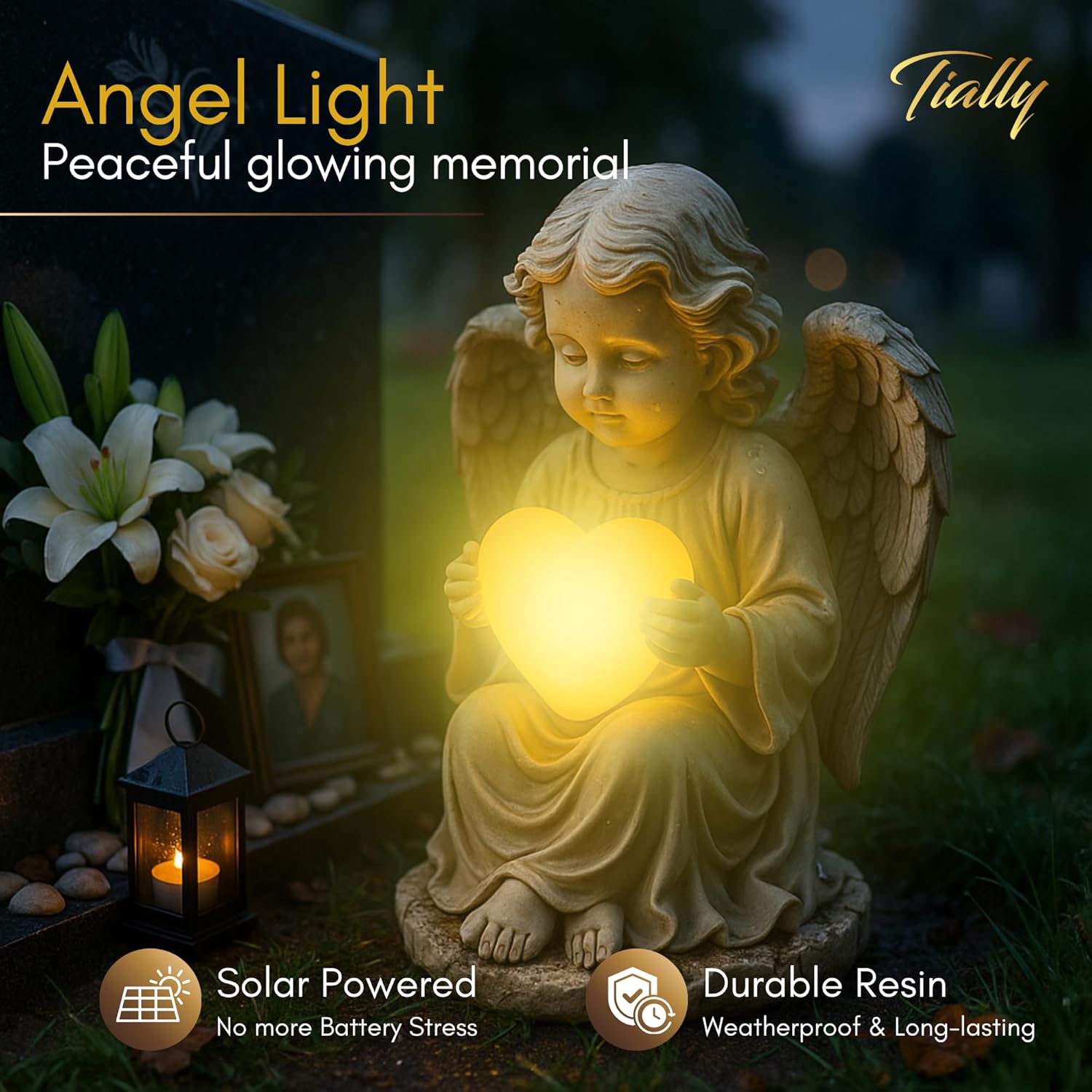 TIALLY Solar Garden Angel Statue – Praying Guardian Angel Statue Light for Outdoor Yard Decor, Resin Garden Sculpture with Soft Glow, Weatherproof Statues for Angels Memorial or Cemetery Use