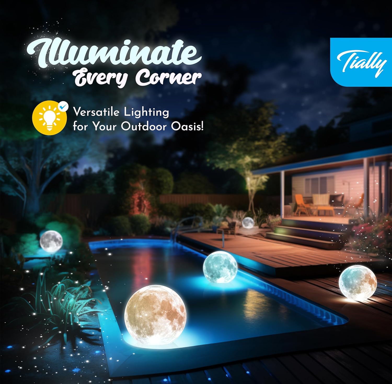 TIALLY Full Moon Floating Pool Lights Solar Powered - 14" Inflatable Pool Balls for Swimming Pool, Solar Pool Lights That Float, Outdoor Pool Party Decorations - Pool Gifts for Pool Owners (2 Pack)