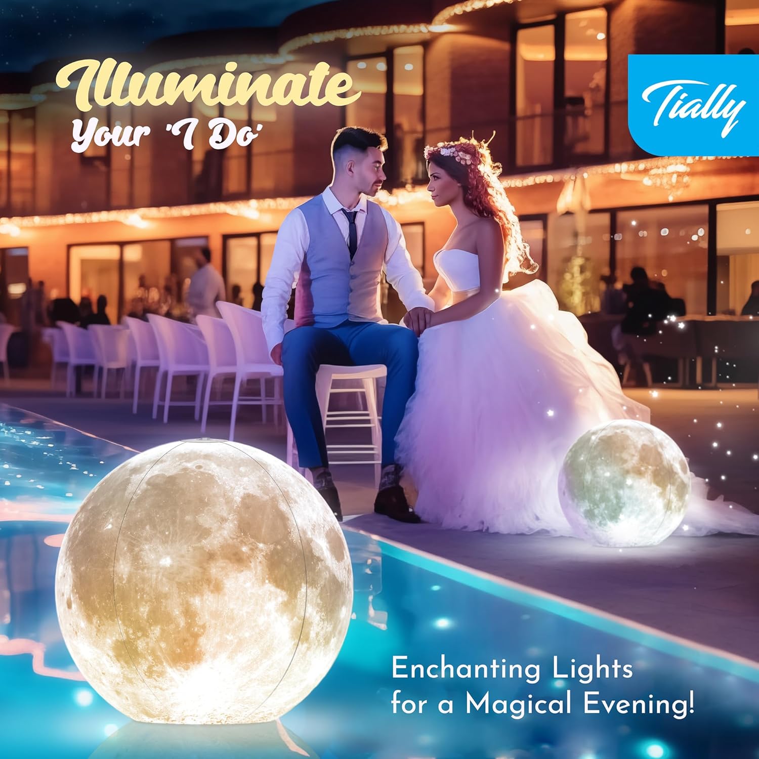 TIALLY Full Moon Floating Pool Lights Solar Powered - 14" Inflatable Pool Balls for Swimming Pool, Solar Pool Lights That Float, Outdoor Pool Party Decorations - Pool Gifts for Pool Owners (2 Pack)