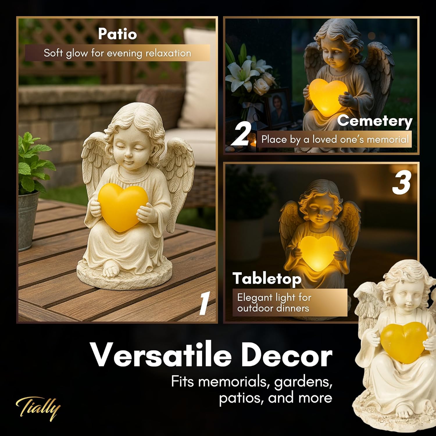 TIALLY Solar Garden Angel Statue – Praying Guardian Angel Statue Light for Outdoor Yard Decor, Resin Garden Sculpture with Soft Glow, Weatherproof Statues for Angels Memorial or Cemetery Use