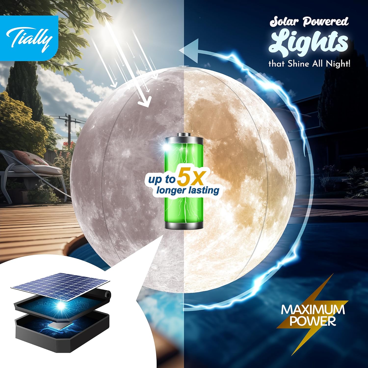 TIALLY Full Moon Floating Pool Lights Solar Powered - 14" Inflatable Pool Balls for Swimming Pool, Solar Pool Lights That Float, Outdoor Pool Party Decorations - Pool Gifts for Pool Owners (2 Pack)