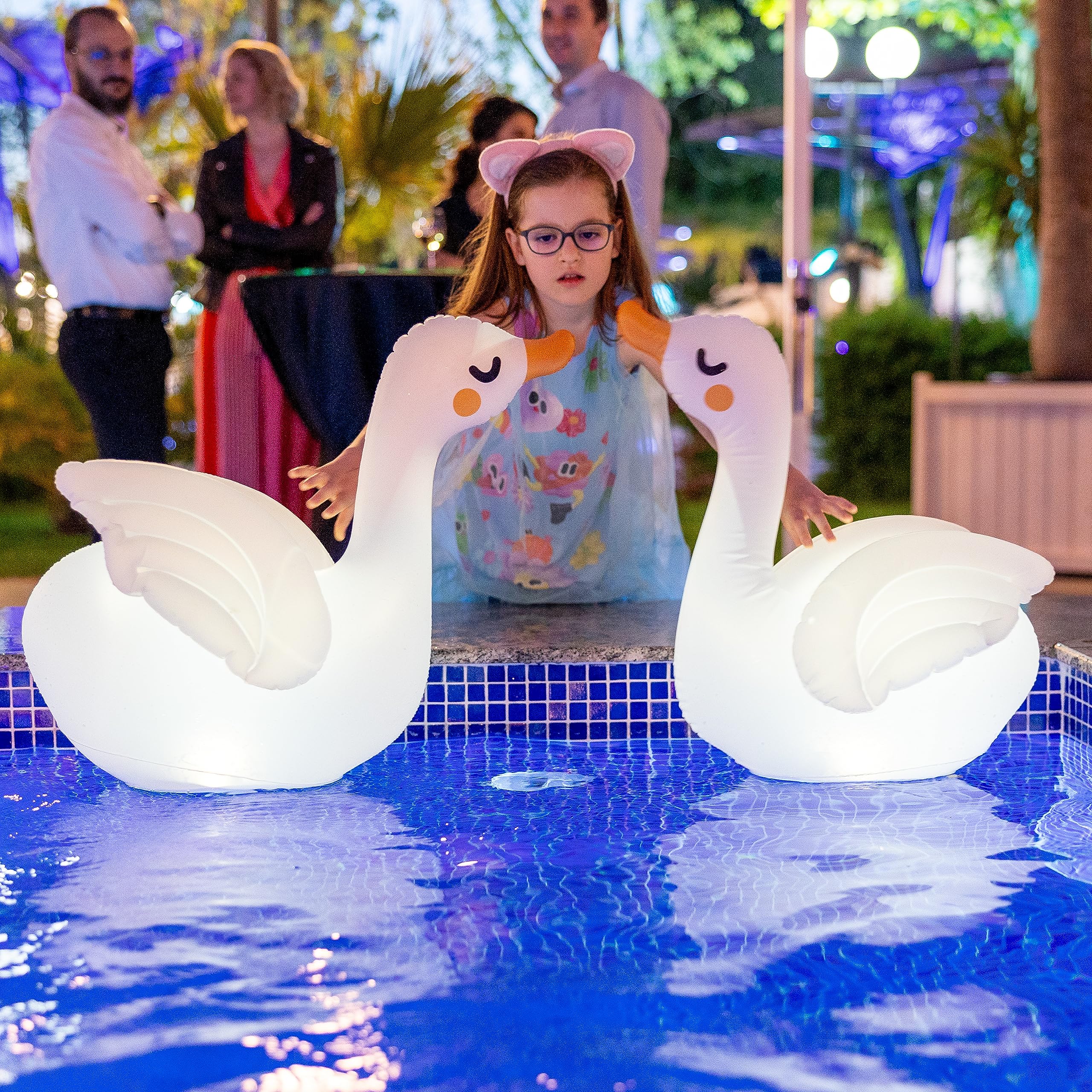 TIALLY Floating Pool Lights Solar Powered - Inflatable Solar Pool Lights, IP68 Waterproof Decor Float, Flamingo and Swans Decorations for Outdoor Use, for Women, Men, Adults