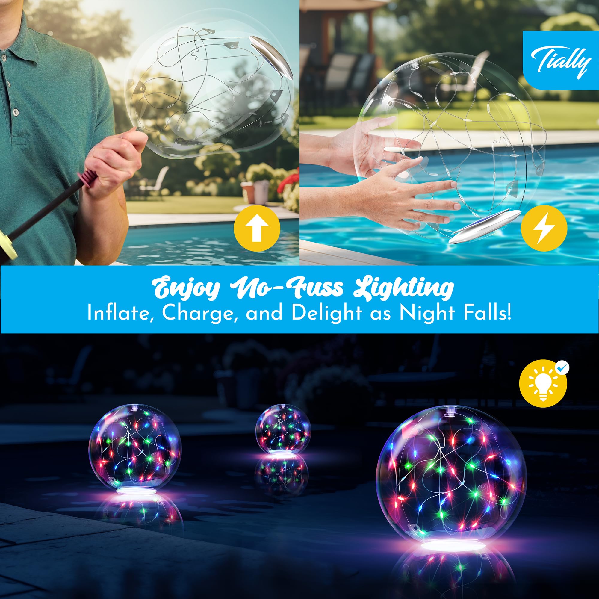 TIALLY Fairy Solar Floating Pool Lights – 14" LED Orbs for Magical Pool Nights (2-Pack Multicolored)