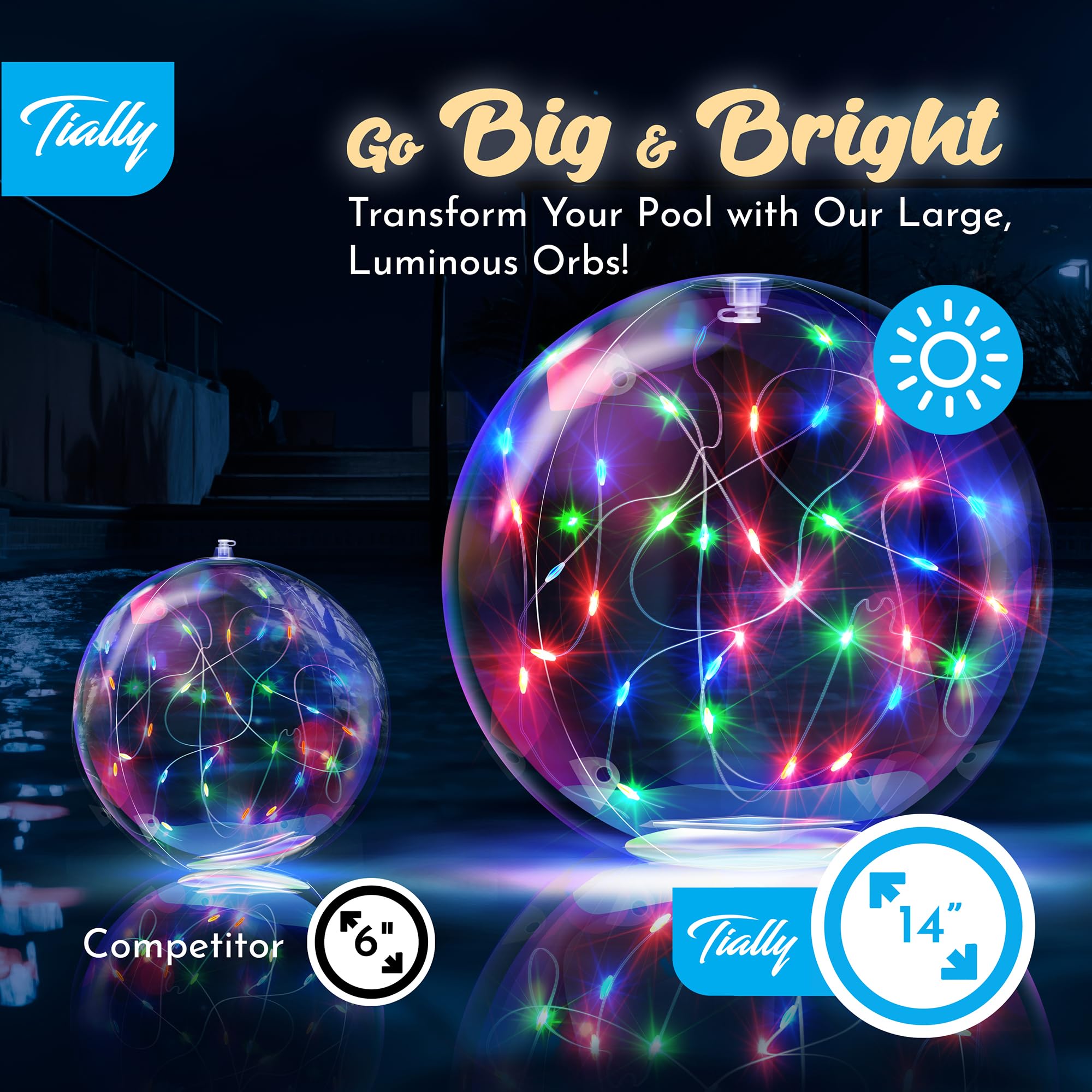 TIALLY Fairy Solar Floating Pool Lights – 14" LED Orbs for Magical Pool Nights (2-Pack Multicolored)