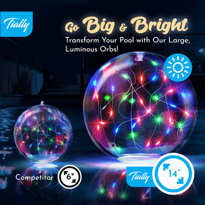 TIALLY Fairy Solar Floating Pool Lights – 14" LED Orbs for Magical Pool Nights (2-Pack Multicolored)