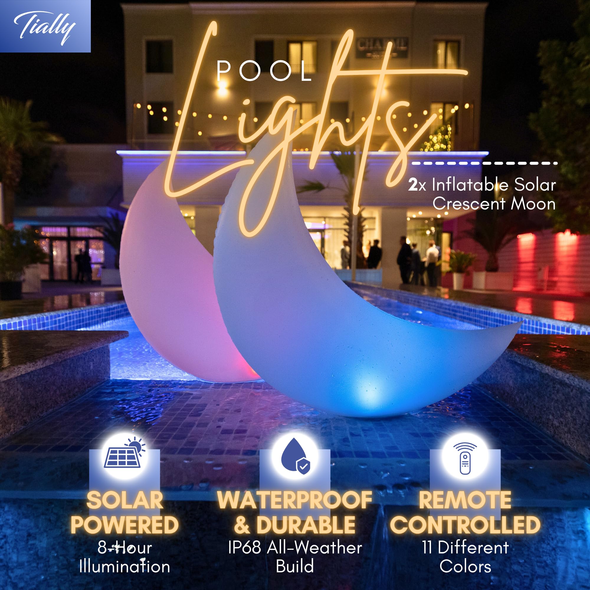 Crescent Moon Floating Pool Lights – 24" Solar-Powered LED Decor for Pools & Events (2 Pack)