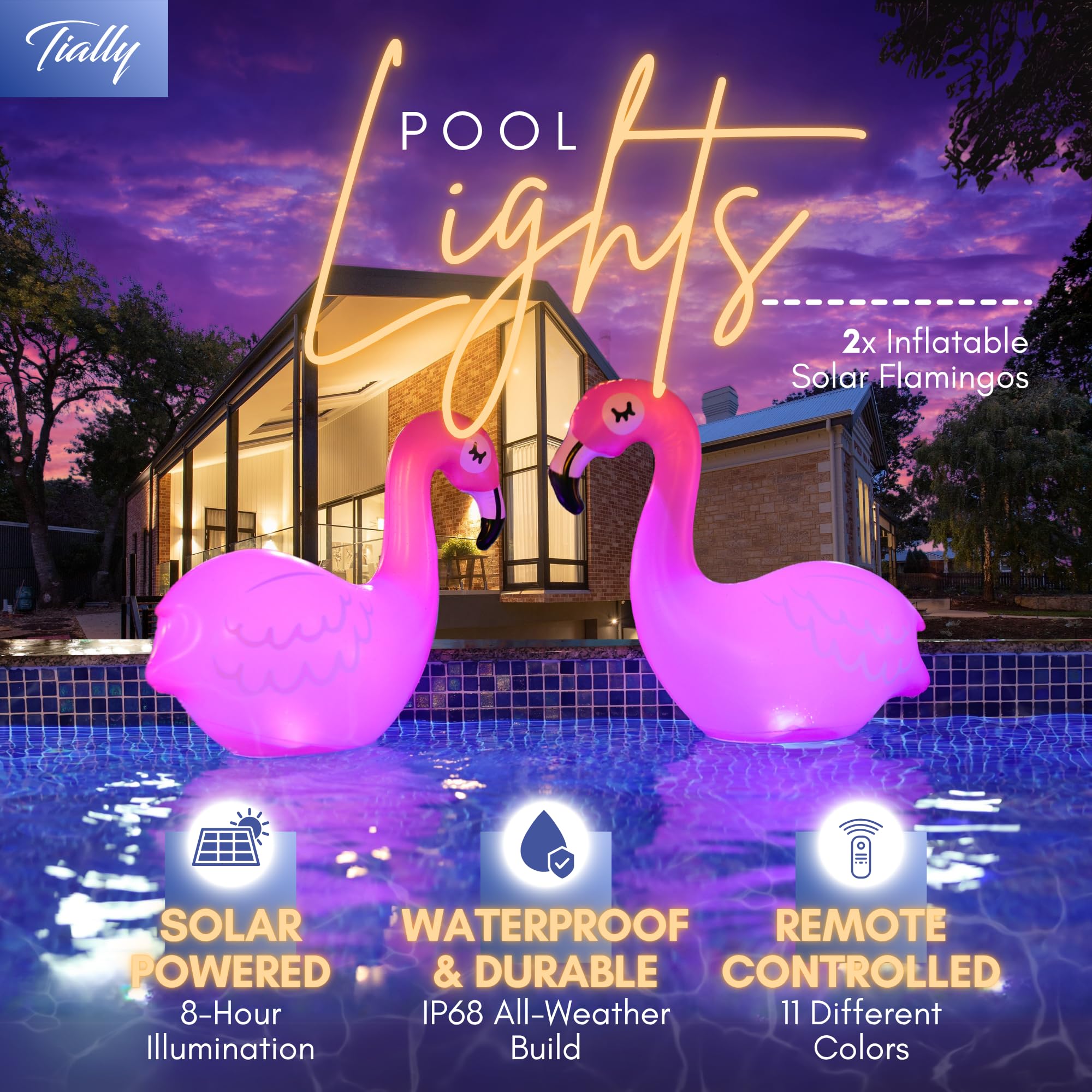 TIALLY Solar Floating Pool Lights – Inflatable Flamingo LED Decor for Pools & Outdoors