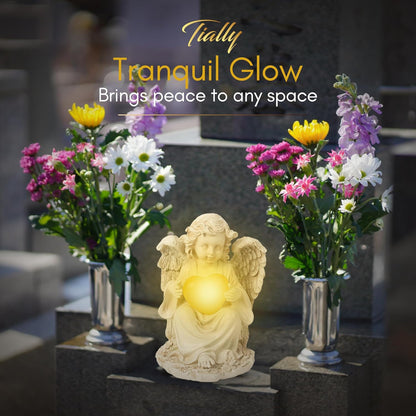 TIALLY Solar Garden Angel Statue – Praying Guardian Angel Statue Light for Outdoor Yard Decor, Resin Garden Sculpture with Soft Glow, Weatherproof Statues for Angels Memorial or Cemetery Use