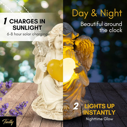 TIALLY Solar Garden Angel Statue – Praying Guardian Angel Statue Light for Outdoor Yard Decor, Resin Garden Sculpture with Soft Glow, Weatherproof Statues for Angels Memorial or Cemetery Use