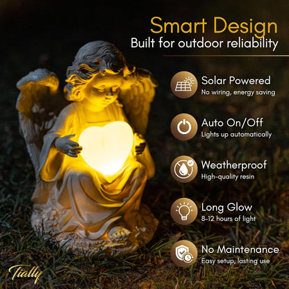 TIALLY Solar Garden Angel Statue – Praying Guardian Angel Statue Light for Outdoor Yard Decor, Resin Garden Sculpture with Soft Glow, Weatherproof Statues for Angels Memorial or Cemetery Use
