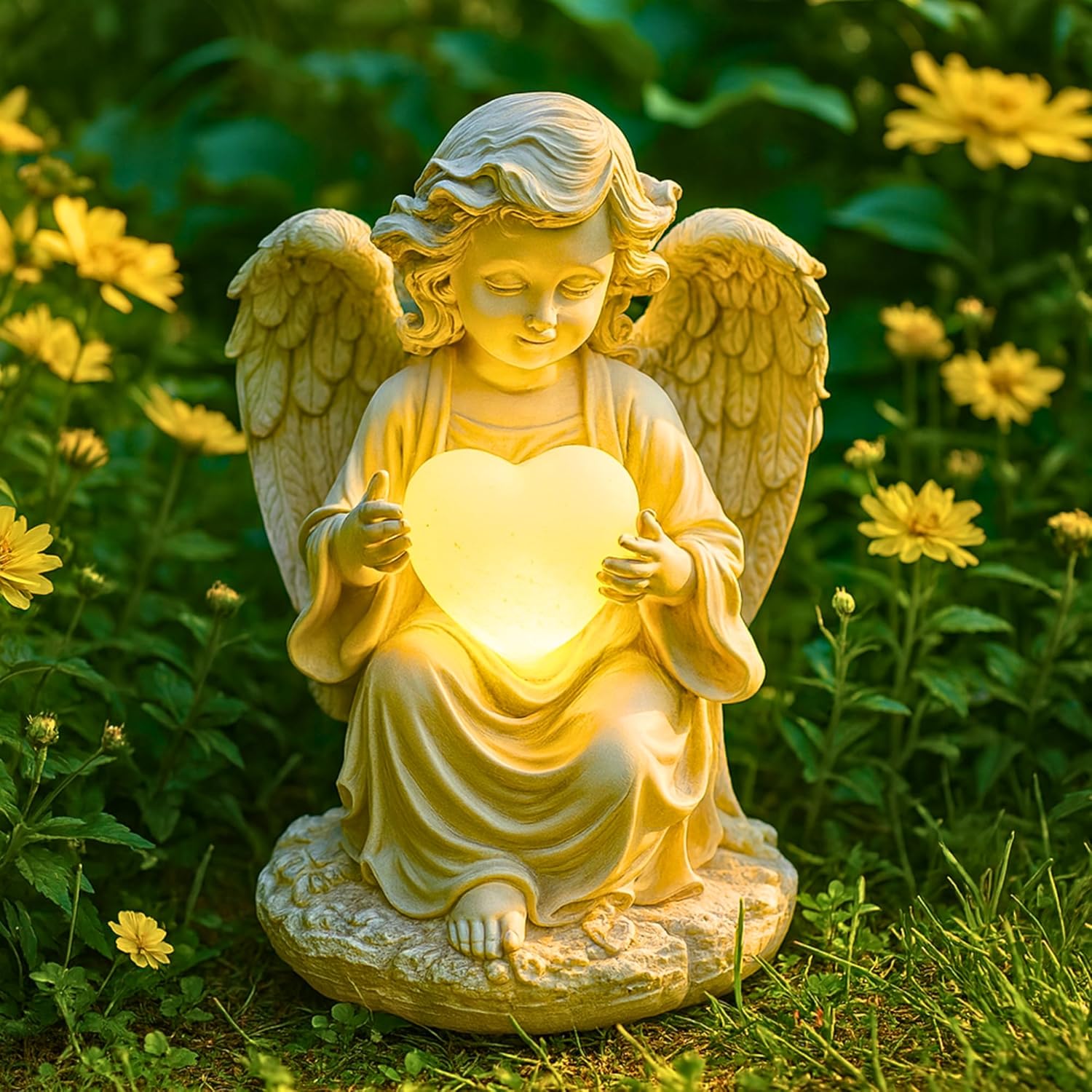 TIALLY Solar Garden Angel Statue – Praying Guardian Angel Statue Light for Outdoor Yard Decor, Resin Garden Sculpture with Soft Glow, Weatherproof Statues for Angels Memorial or Cemetery Use
