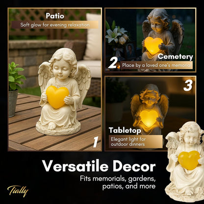 TIALLY Solar Garden Angel Statue – Praying Guardian Angel Statue Light for Outdoor Yard Decor, Resin Garden Sculpture with Soft Glow, Weatherproof Statues for Angels Memorial or Cemetery Use