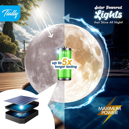 TIALLY Full Moon Floating Pool Lights Solar Powered - 14" Inflatable Pool Balls for Swimming Pool, Solar Pool Lights That Float, Outdoor Pool Party Decorations - Pool Gifts for Pool Owners (2 Pack)