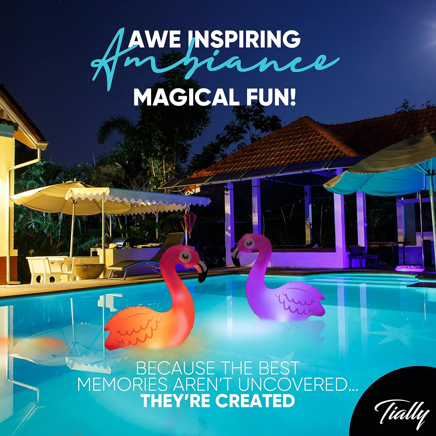TIALLY Floating Pool Lights Solar Powered - Inflatable Solar Pool Lights, IP68 Waterproof Decor Float, Flamingo and Swans Decorations for Outdoor Use, for Women, Men, Adults