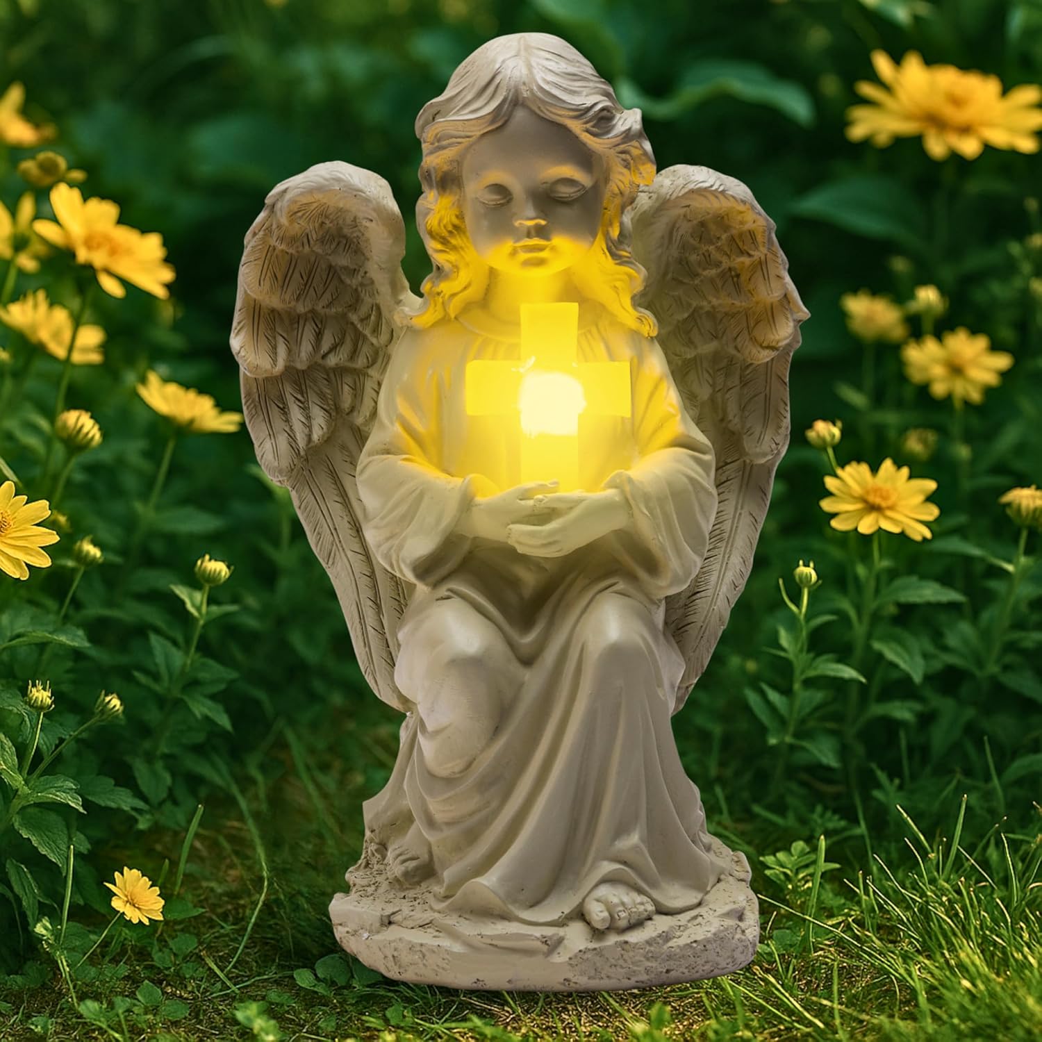 Tially solar garden angel statue - with glowing cross
