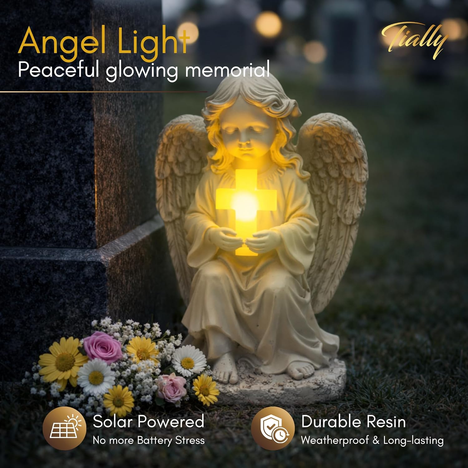 Tially solar garden angel statue - with glowing cross