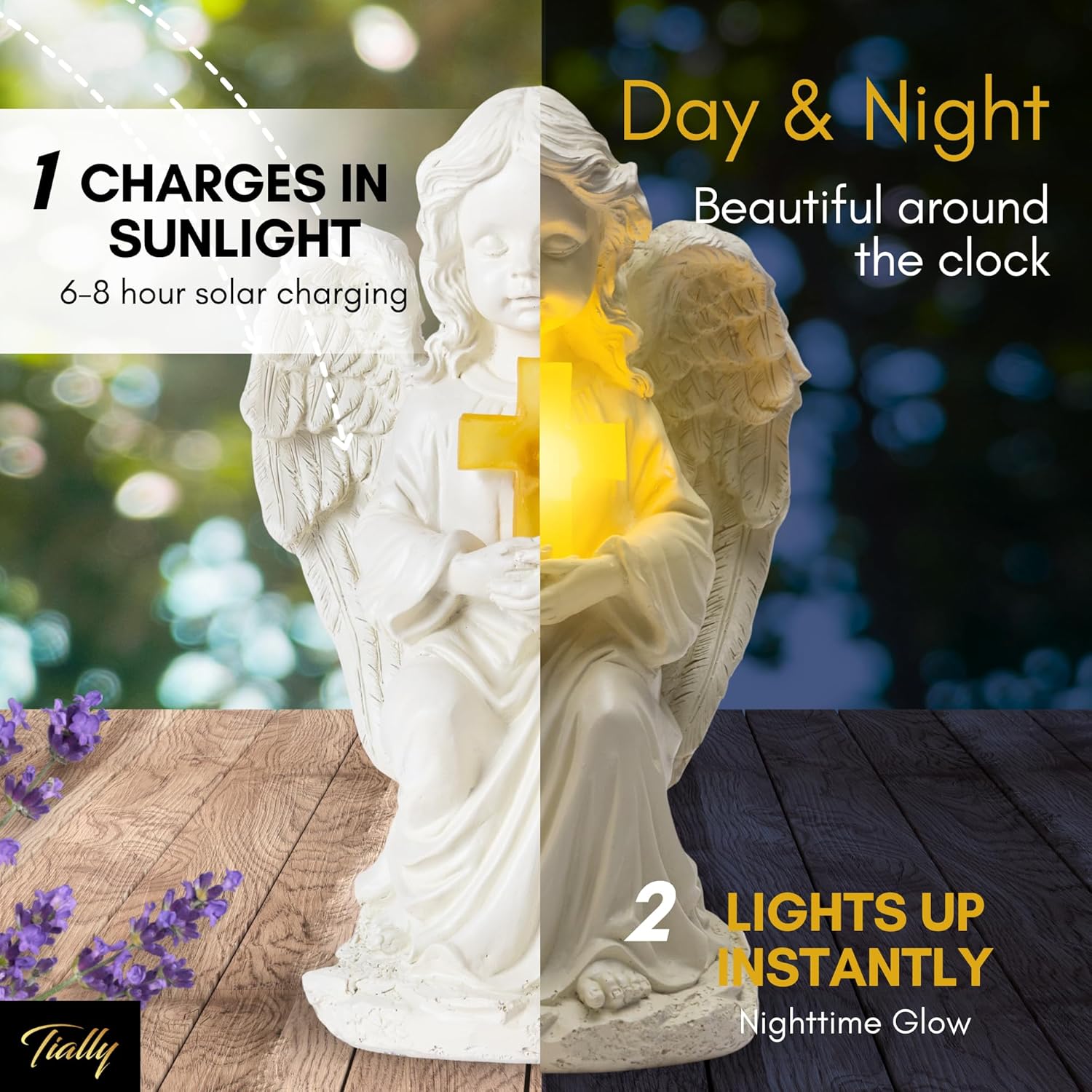 Tially solar garden angel statue - with glowing cross